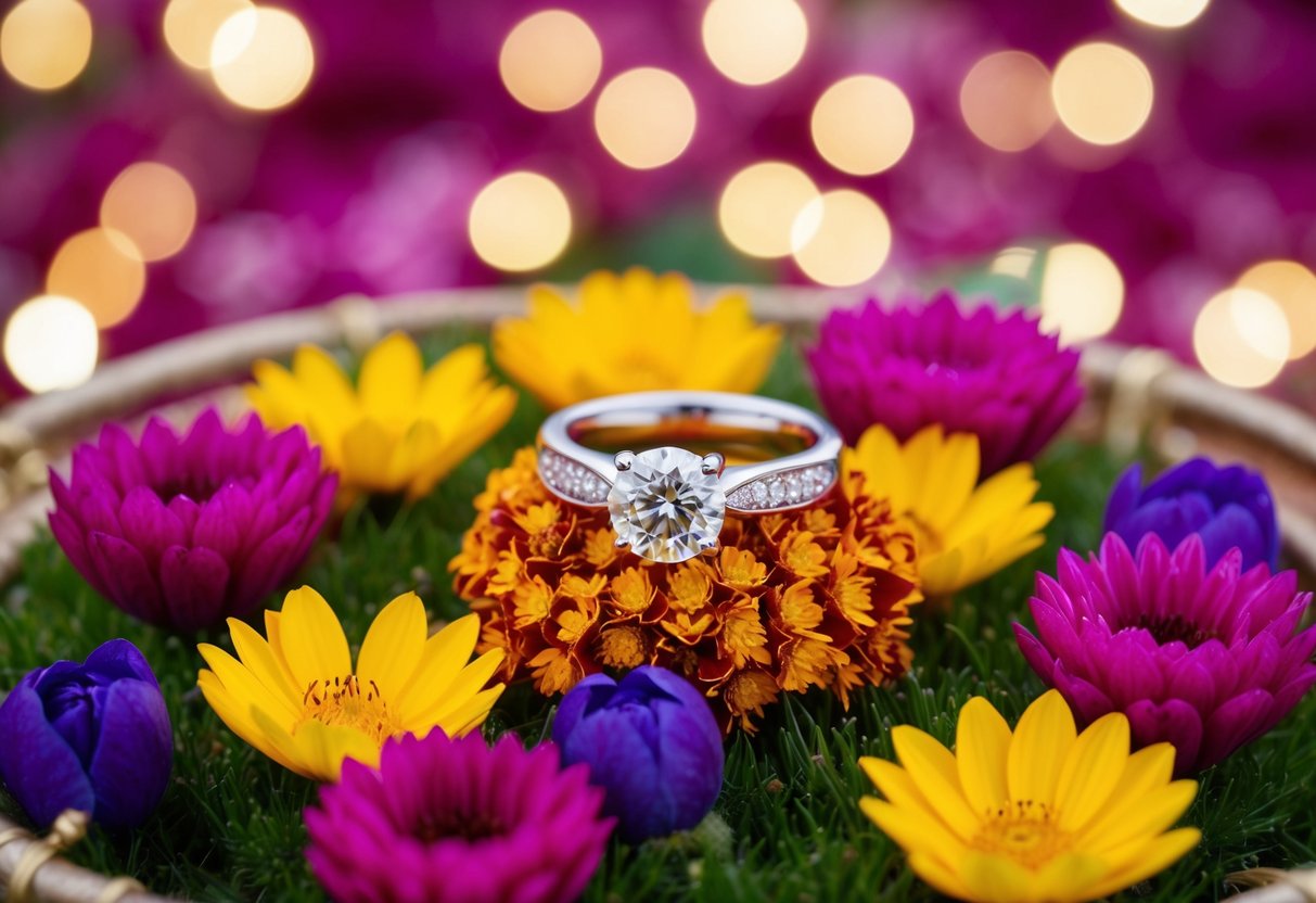 A wedding ring placed on a bed of colorful flowers, surrounded by traditional symbols of love and unity