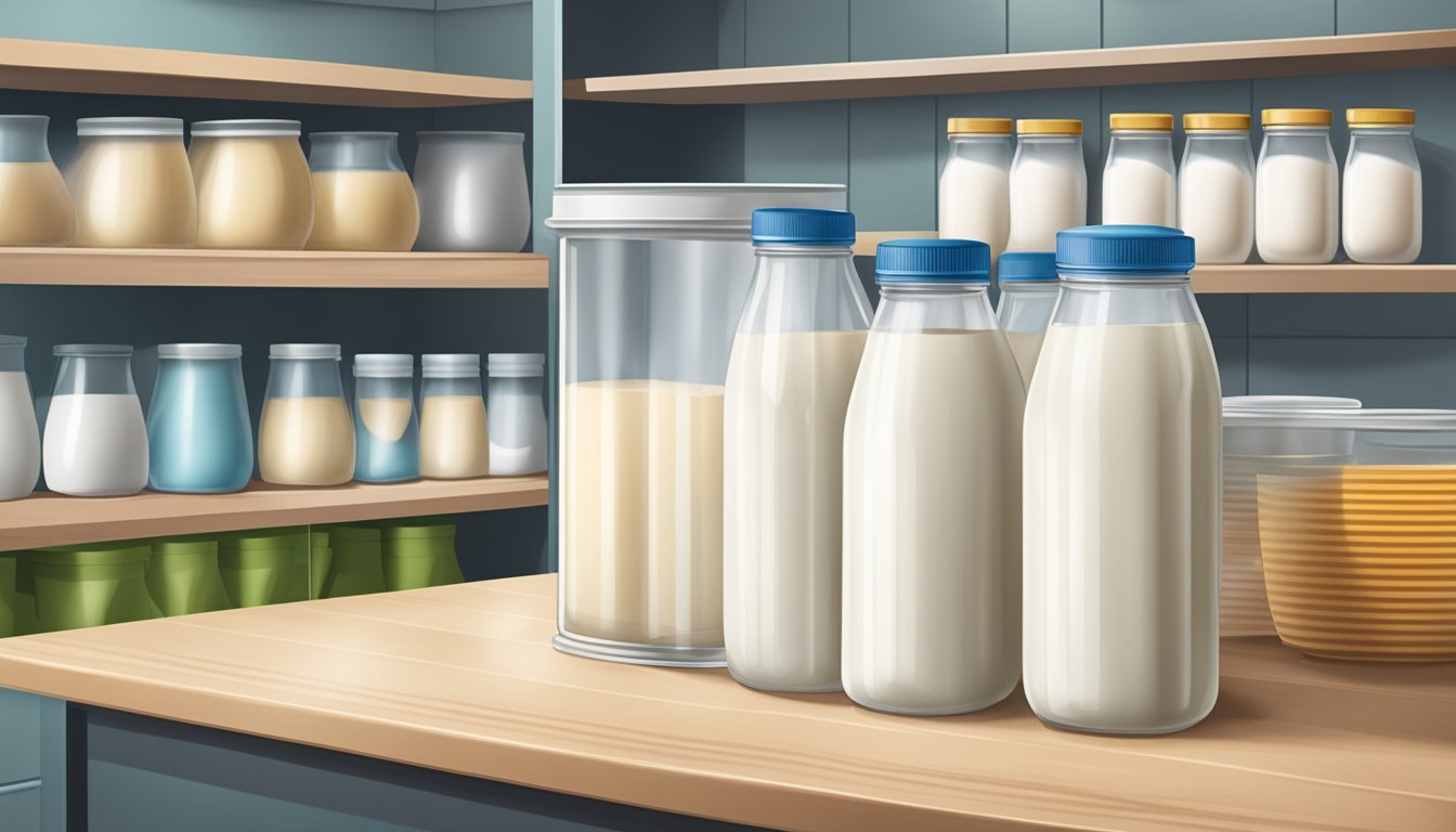 A sealed container of soy milk powder with a clear expiration date, placed on a clean, organized shelf in a kitchen pantry