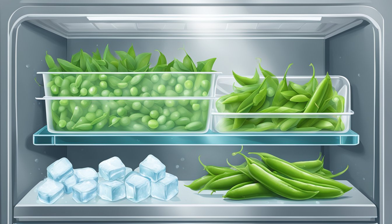 A refrigerator shelf filled with fresh snap peas in a clear, airtight container, surrounded by ice packs and temperature gauges