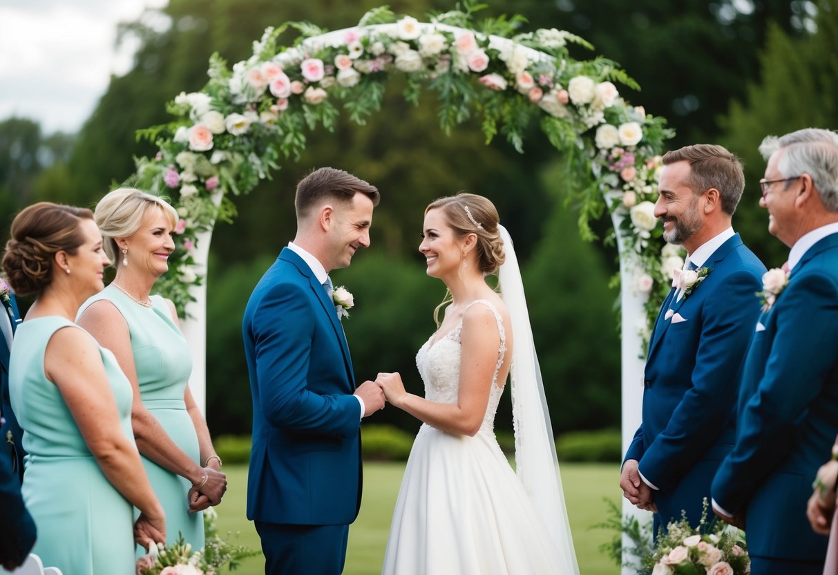 A bride and groom standing beneath a flower-covered arch, exchanging vows with tears in their eyes, surrounded by family and friends