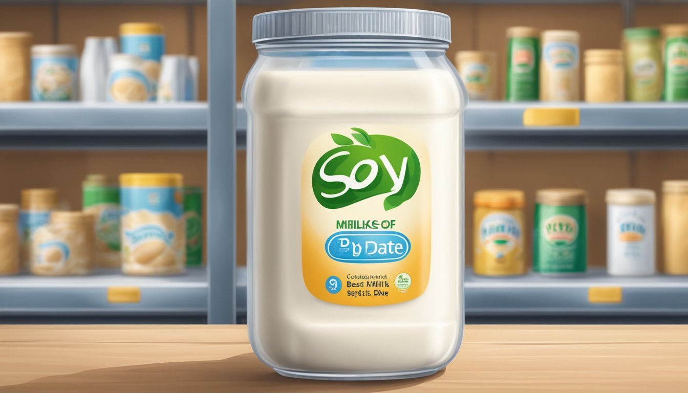 A sealed container of soy milk powder on a cool, dry shelf, with a "best by" date clearly visible