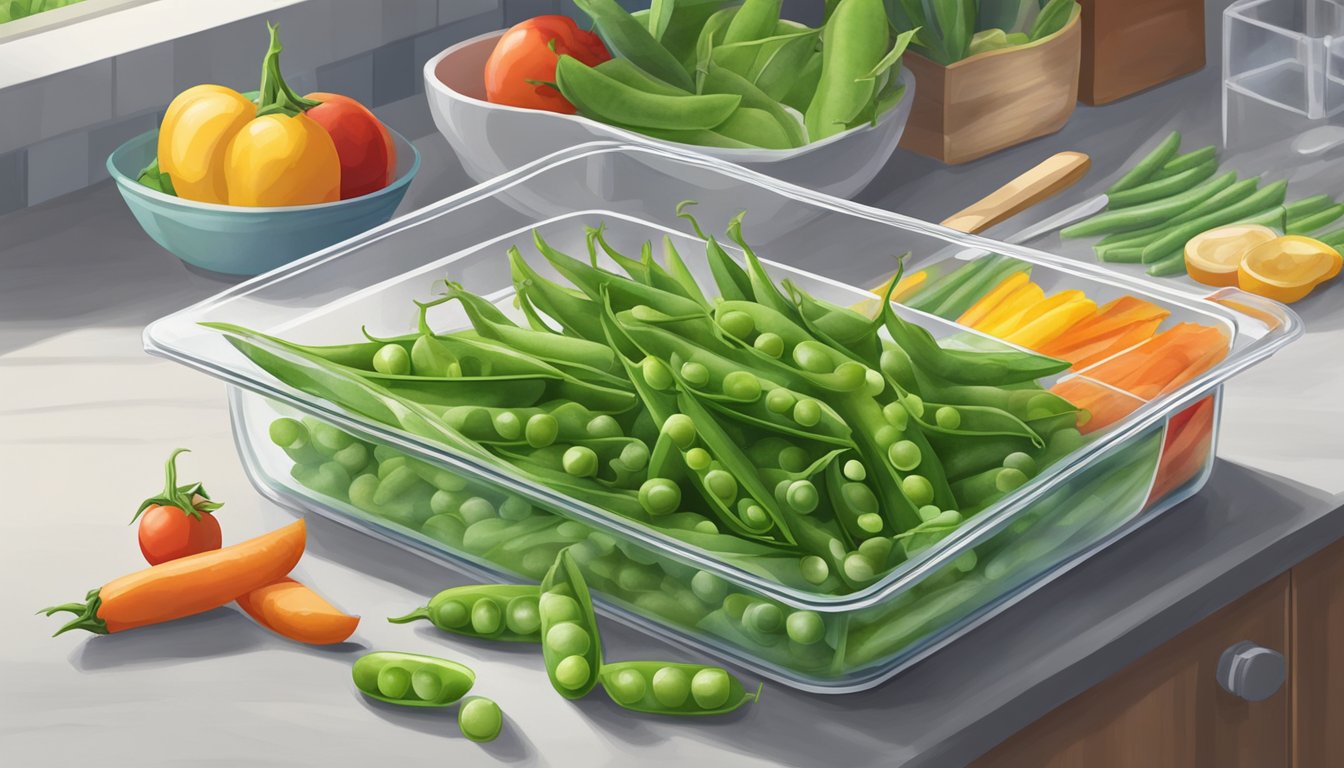 Fresh snap peas in a clear, open container on a kitchen counter, surrounded by other colorful vegetables and a knife