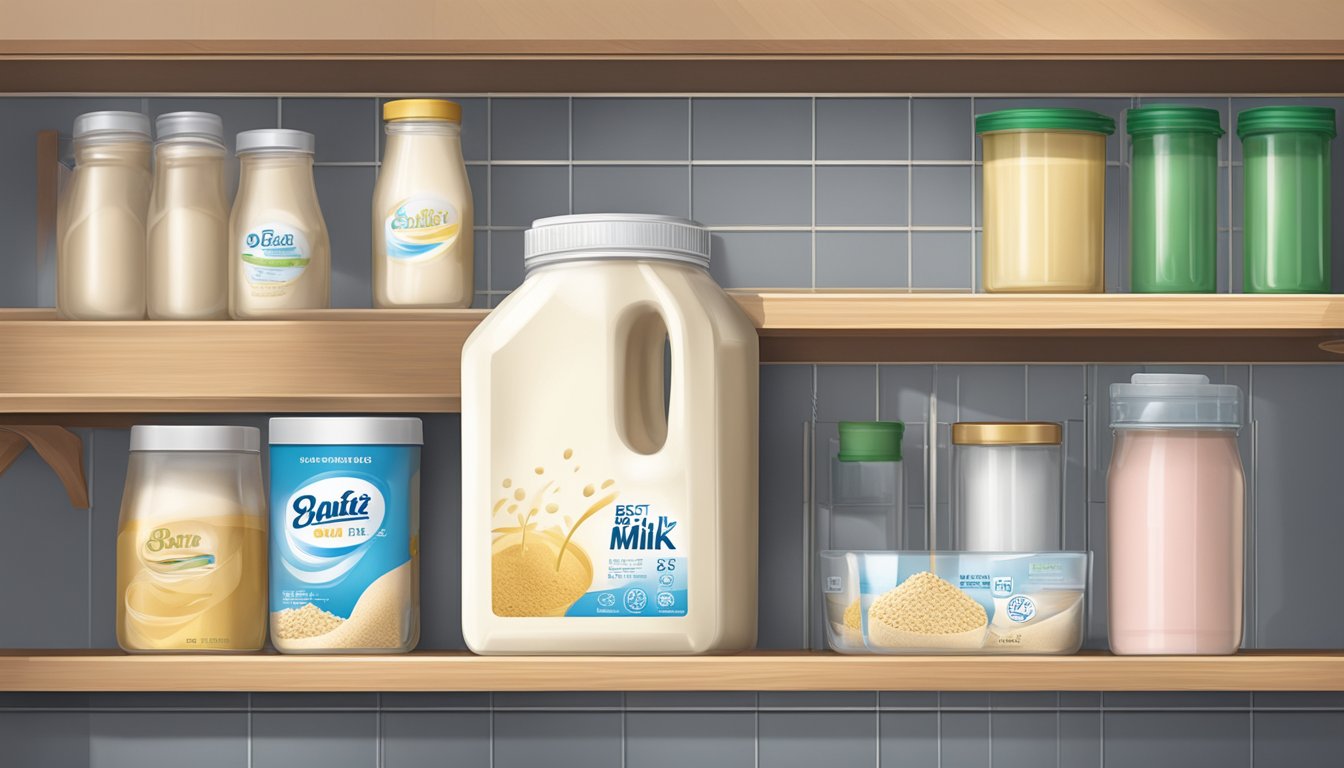 A sealed container of soy milk powder sits on a kitchen shelf, with a best-by date clearly displayed