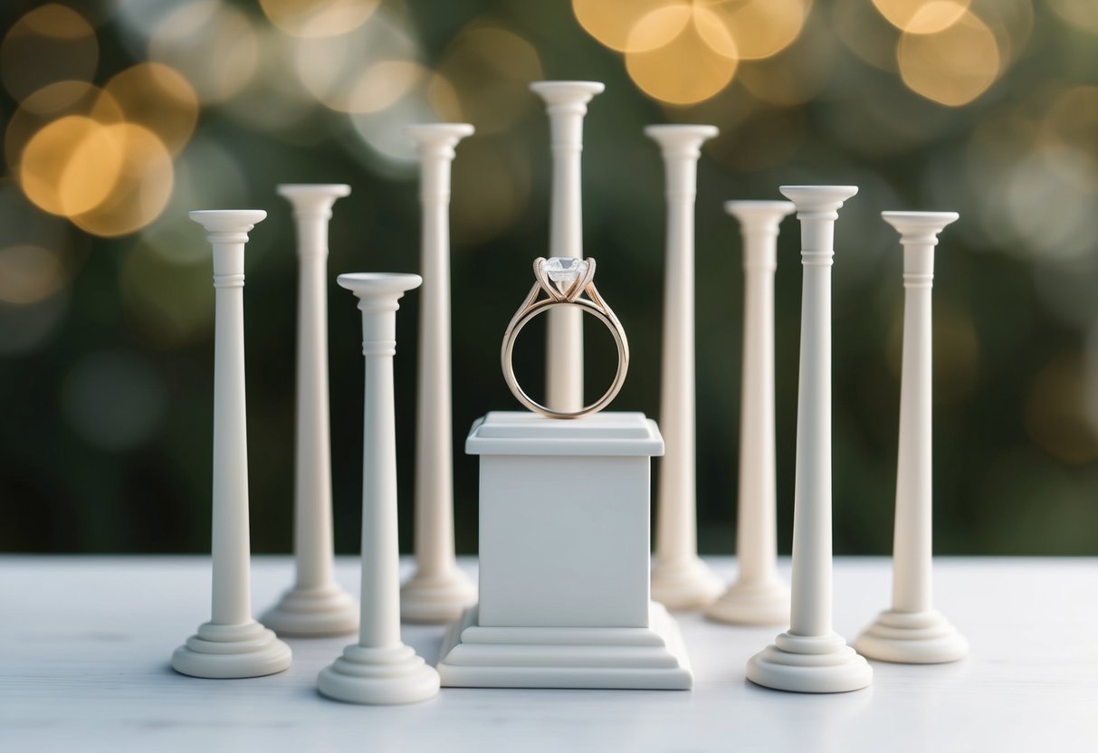 A wedding ring placed on a pedestal, surrounded by five intertwining pillars symbolizing trust, communication, love, respect, and commitment