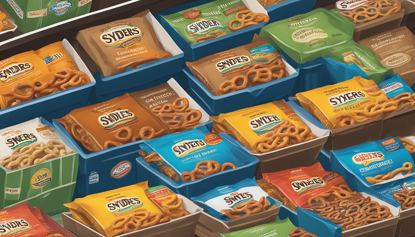 A pantry shelf with various types of Snyder's Pretzels in their original packaging, with expiration dates clearly visible