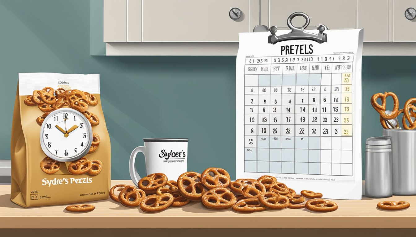 A bag of Snyder's Pretzels sits on a kitchen counter, next to a calendar with the current date circled. A small clock on the wall shows the time