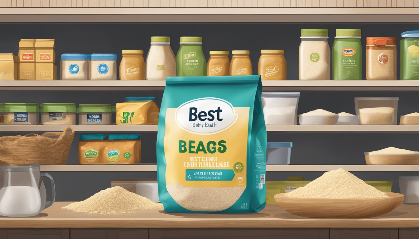 A sealed bag of soy flour sits on a pantry shelf, with a "best by" date clearly visible