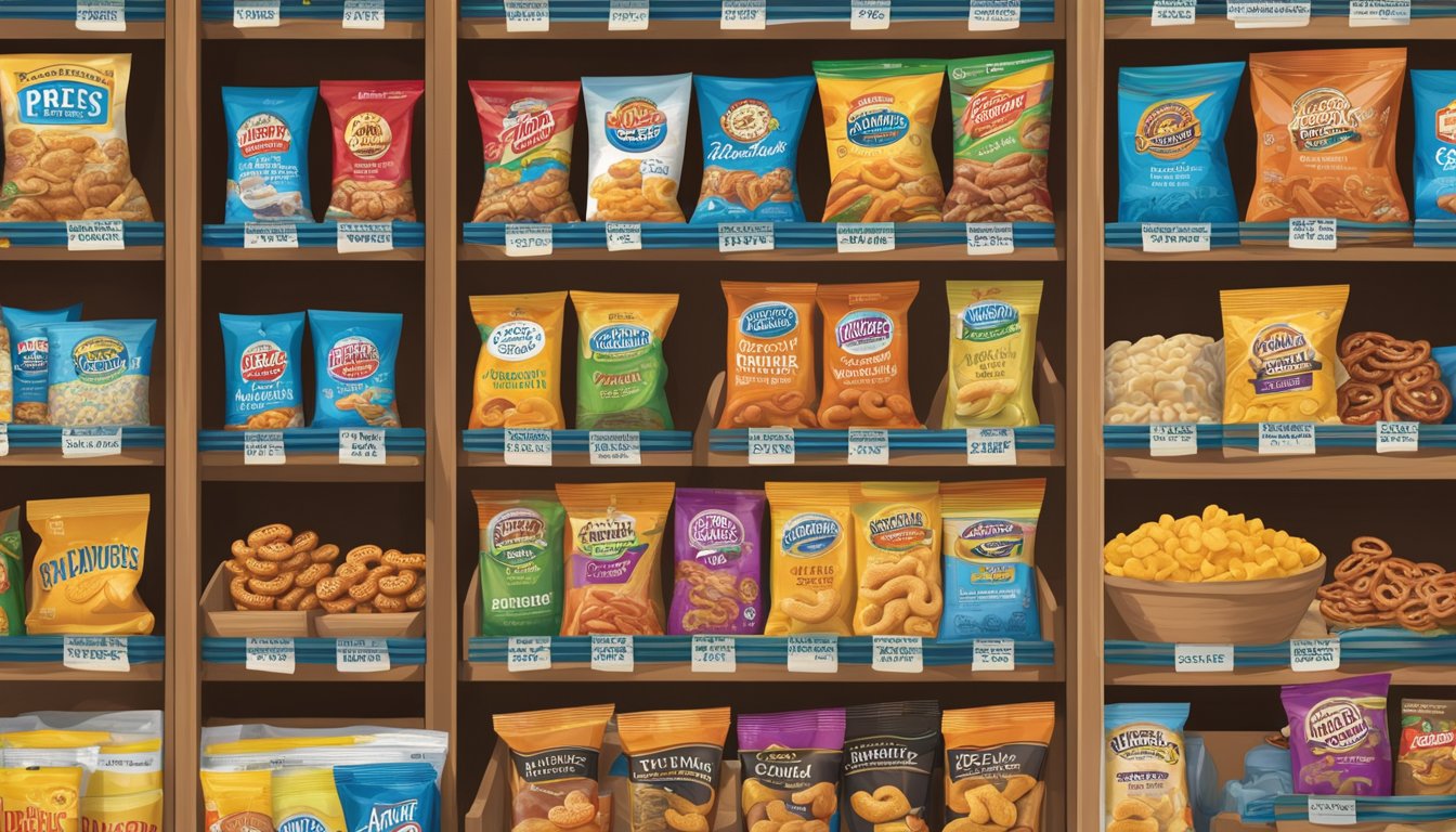 A pantry shelf with a variety of snacks, including a bag of Snyder's Pretzels sealed in its original packaging with a "best by" date clearly visible