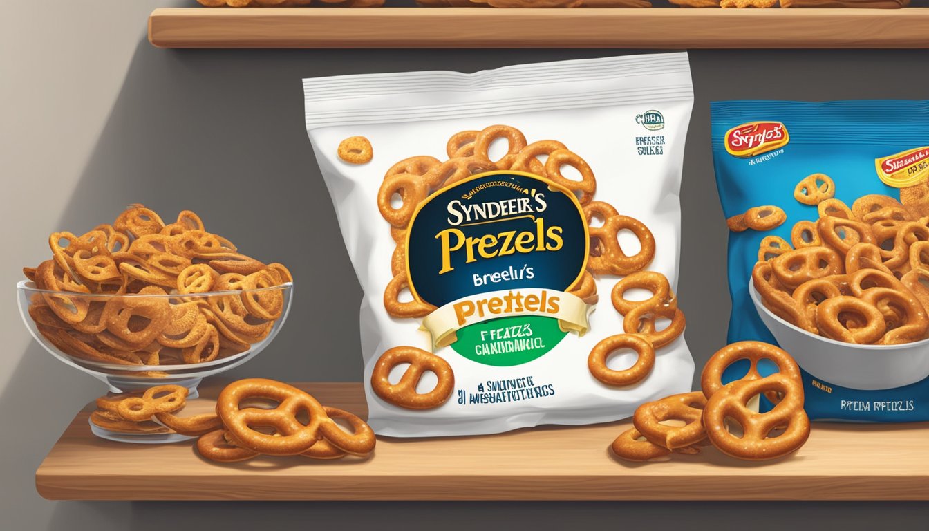 A bag of Snyder's Pretzels sits on a shelf, surrounded by other snacks. The packaging is intact and the pretzels appear fresh and crunchy