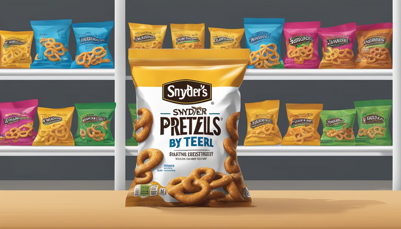 A bag of Snyder's Pretzels sits on a shelf, surrounded by a "best by" date and a clear, unopened packaging