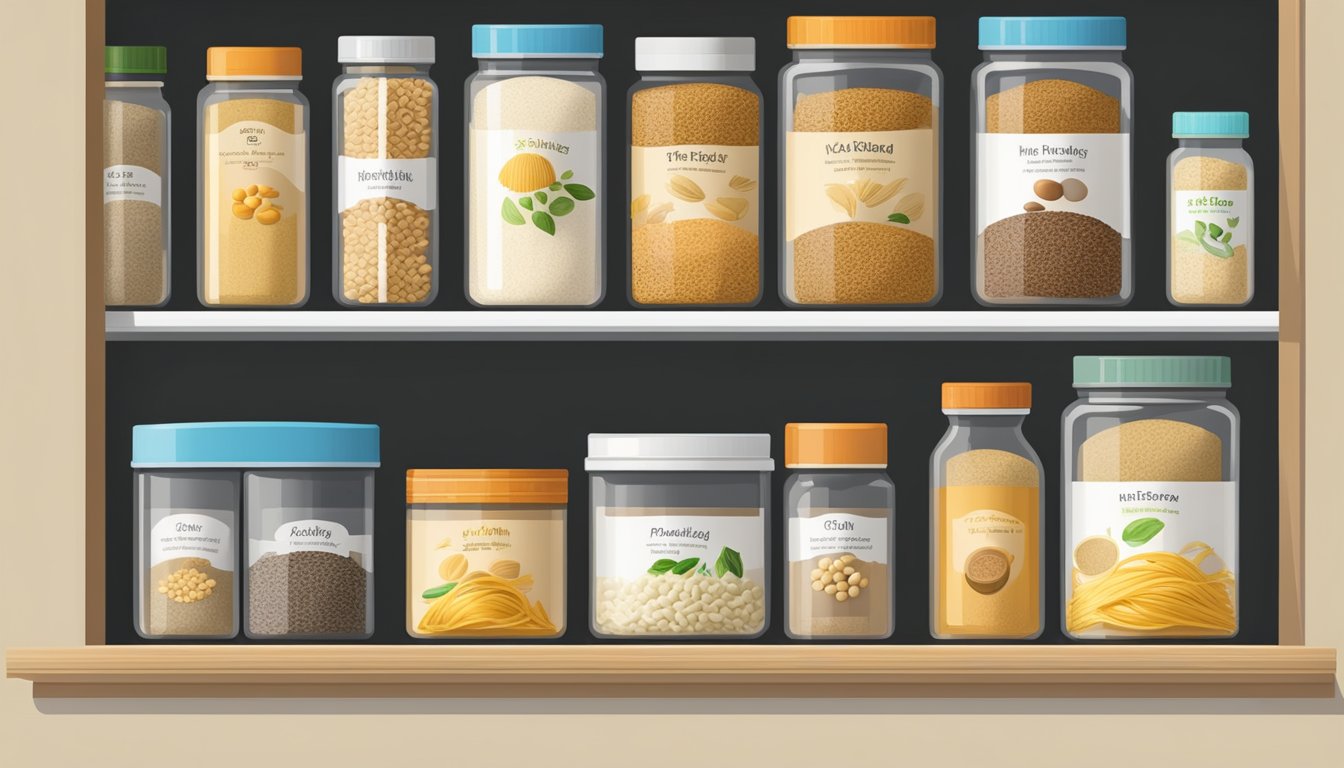 A pantry shelf with a sealed container of soy flour, alongside other dry goods like rice and pasta