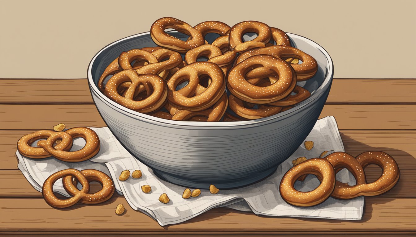 A bowl of Snyder's Pretzels sits on a wooden table, surrounded by crumbs. A few pretzels are stacked neatly on a napkin next to the bowl