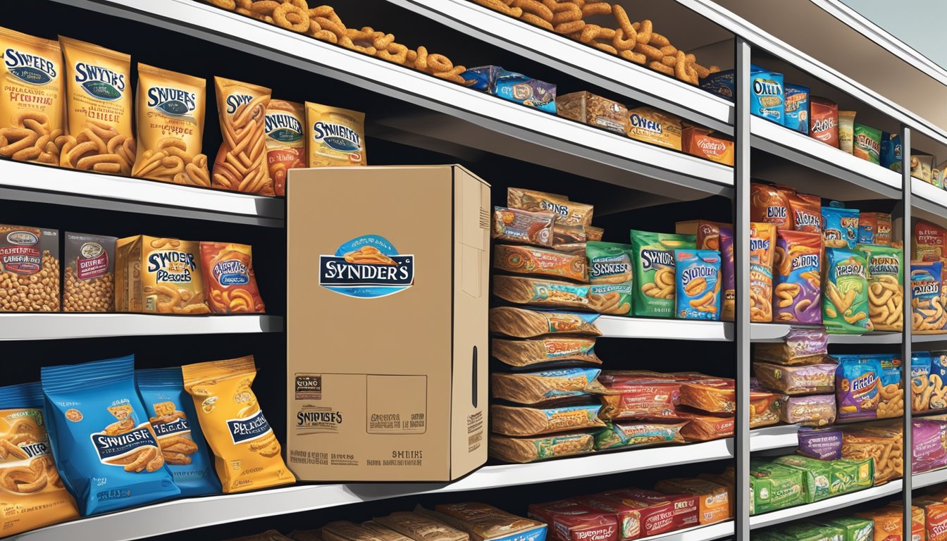 A bag of Snyder's Pretzels sits on a pantry shelf, surrounded by other snacks. The expiration date on the packaging is clearly visible