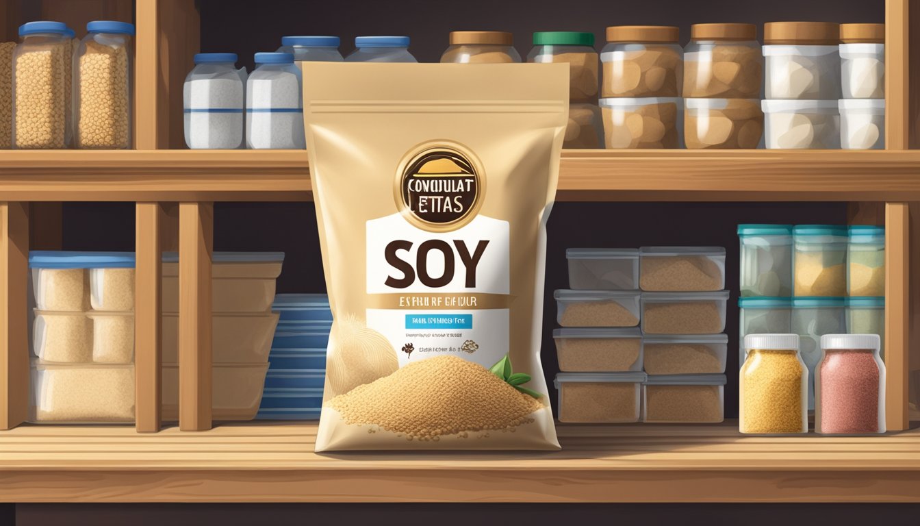 A sealed bag of soy flour sits on a pantry shelf, surrounded by other dry goods. The expiration date is clearly visible on the packaging