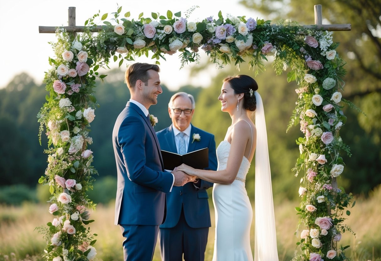 A couple standing under a floral arch, surrounded by nature, exchanging vows with a serene and joyful expression