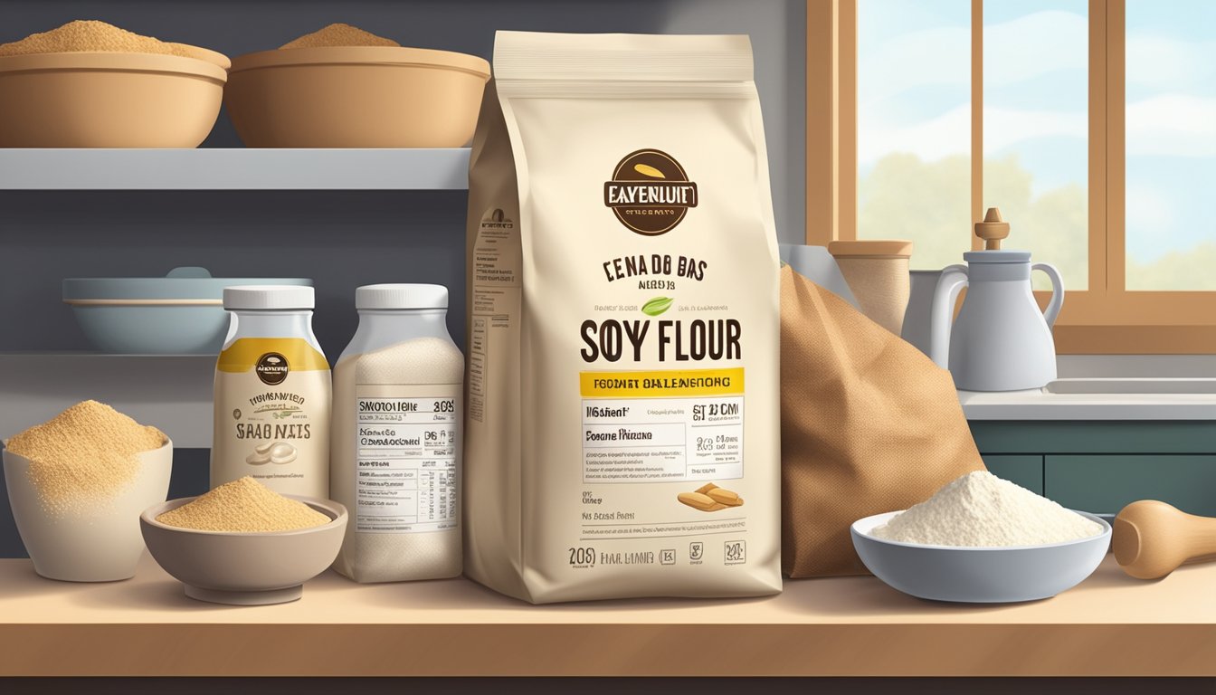 A bag of soy flour sits on a kitchen shelf, next to other baking ingredients. The expiration date is clearly visible on the packaging