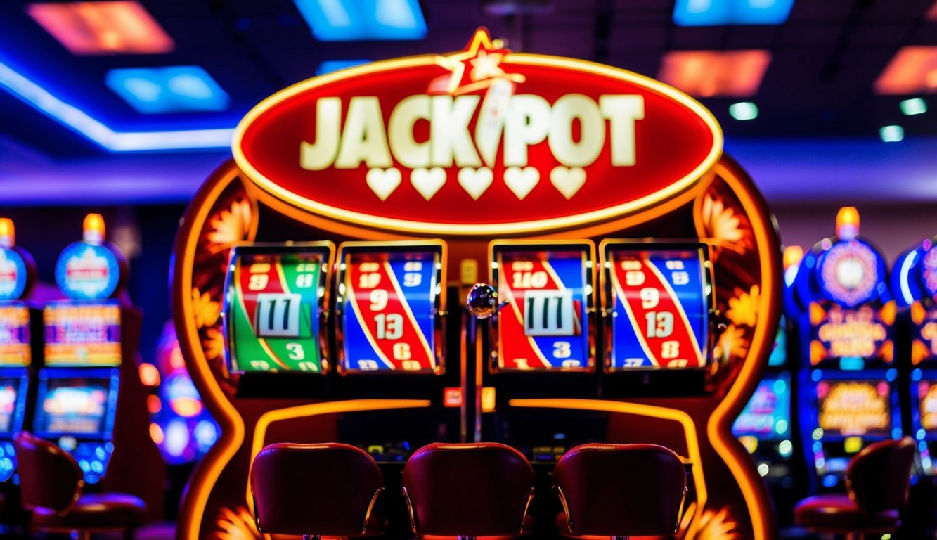 Sebuah suasana kasino yang hidup dengan tanda jackpot besar yang bersinar dan mesin slot berwarna-warni