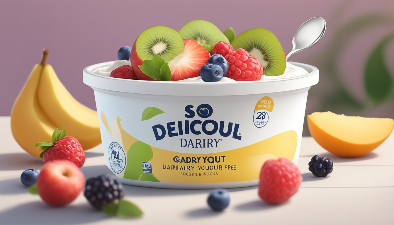 A tub of So Delicious Dairy Free Yogurt Alternative sits unopened on a kitchen counter, surrounded by fresh fruit and a spoon