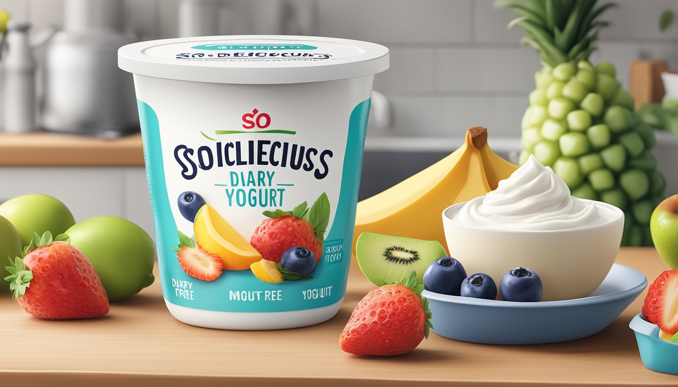 A colorful container of So Delicious Dairy Free Yogurt sits on a kitchen counter, surrounded by fresh fruit and a spoon