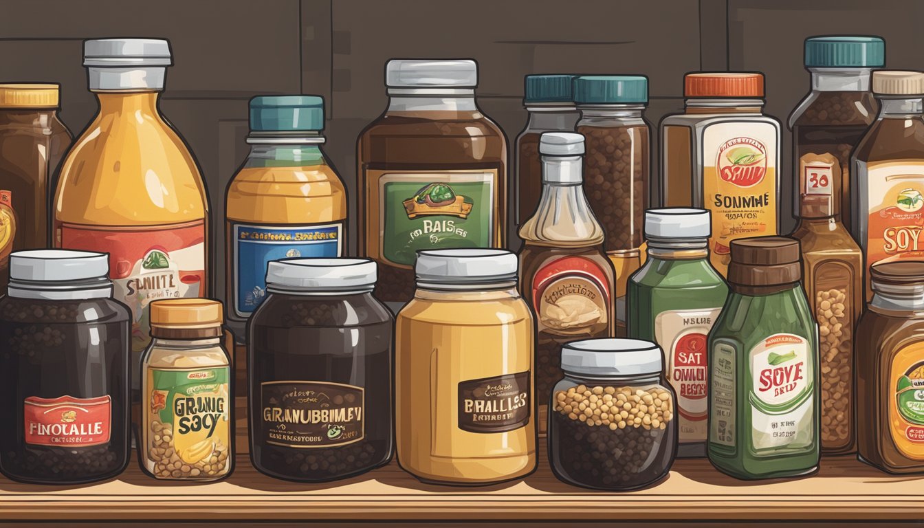 A jar of soy sauce granules sits on a shelf, surrounded by other condiments. The granules appear dry and slightly clumped together