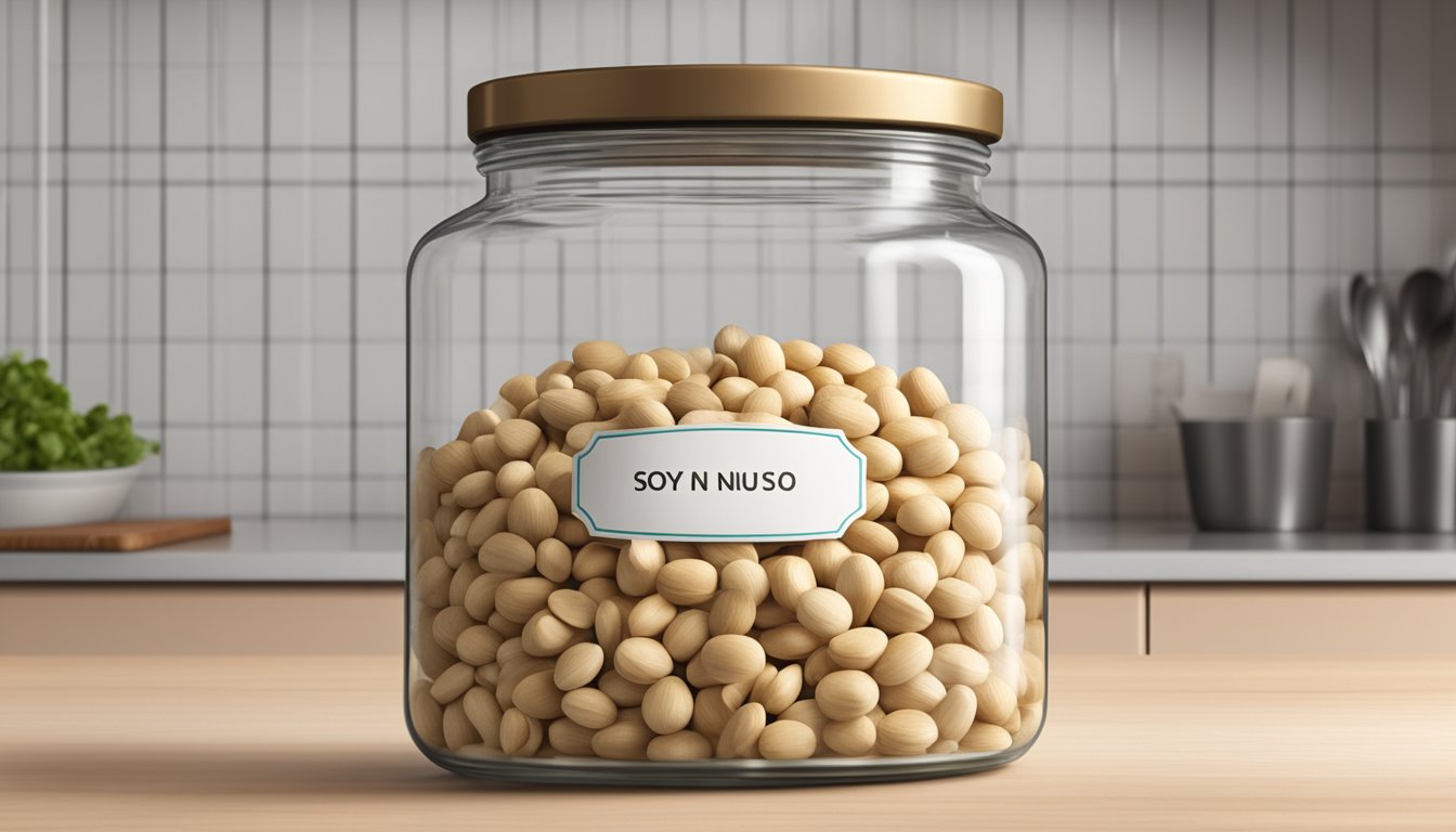 A clear glass jar filled with soy nuts sits on a kitchen countertop, with a label indicating the date of purchase