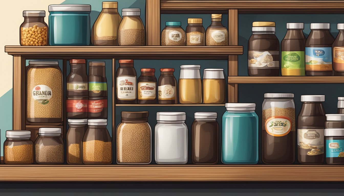 A tightly sealed container of soy sauce granules on a shelf, surrounded by other pantry items