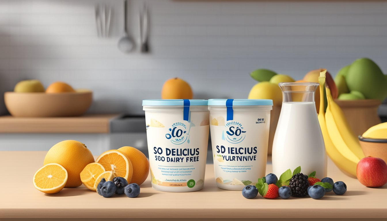 A carton of So Delicious Dairy Free Yogurt Alternative sits on a kitchen counter, surrounded by fresh fruit and a spoon, with a calendar in the background