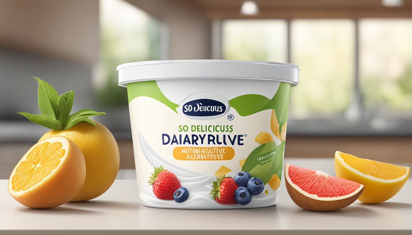 A container of So Delicious Dairy Free Yogurt Alternative sits unopened on a clean kitchen counter, surrounded by fresh fruit and a spoon