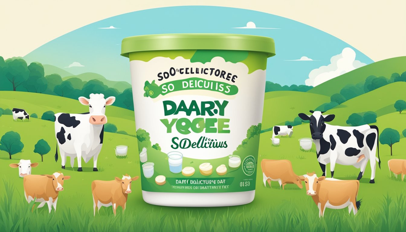 A sealed container of So Delicious Dairy Free Yogurt Alternative sits on a shelf, surrounded by images of green pastures and happy cows