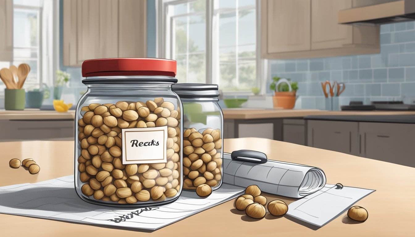 A jar of soy nuts sits on a kitchen counter next to a calendar, with a date circled in red. The nuts are sealed and appear fresh