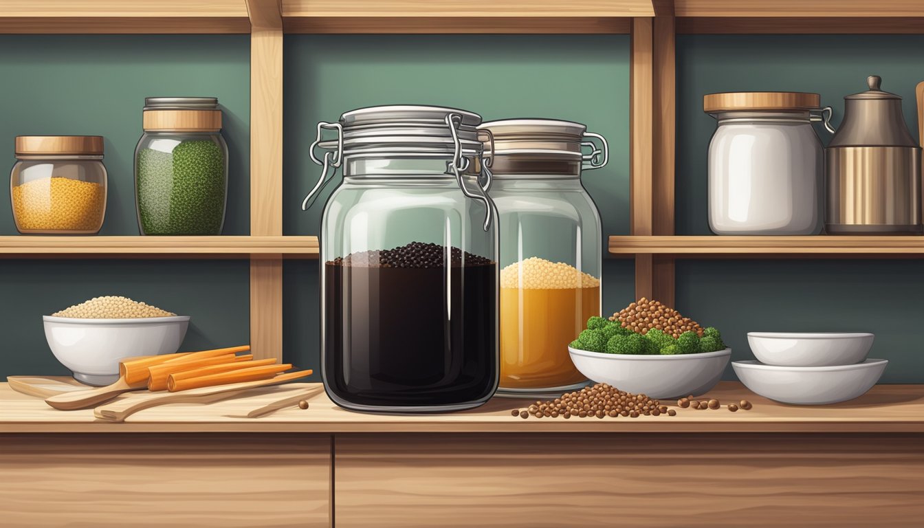 A jar of soy sauce granules sits on a kitchen shelf, surrounded by various cooking ingredients and utensils