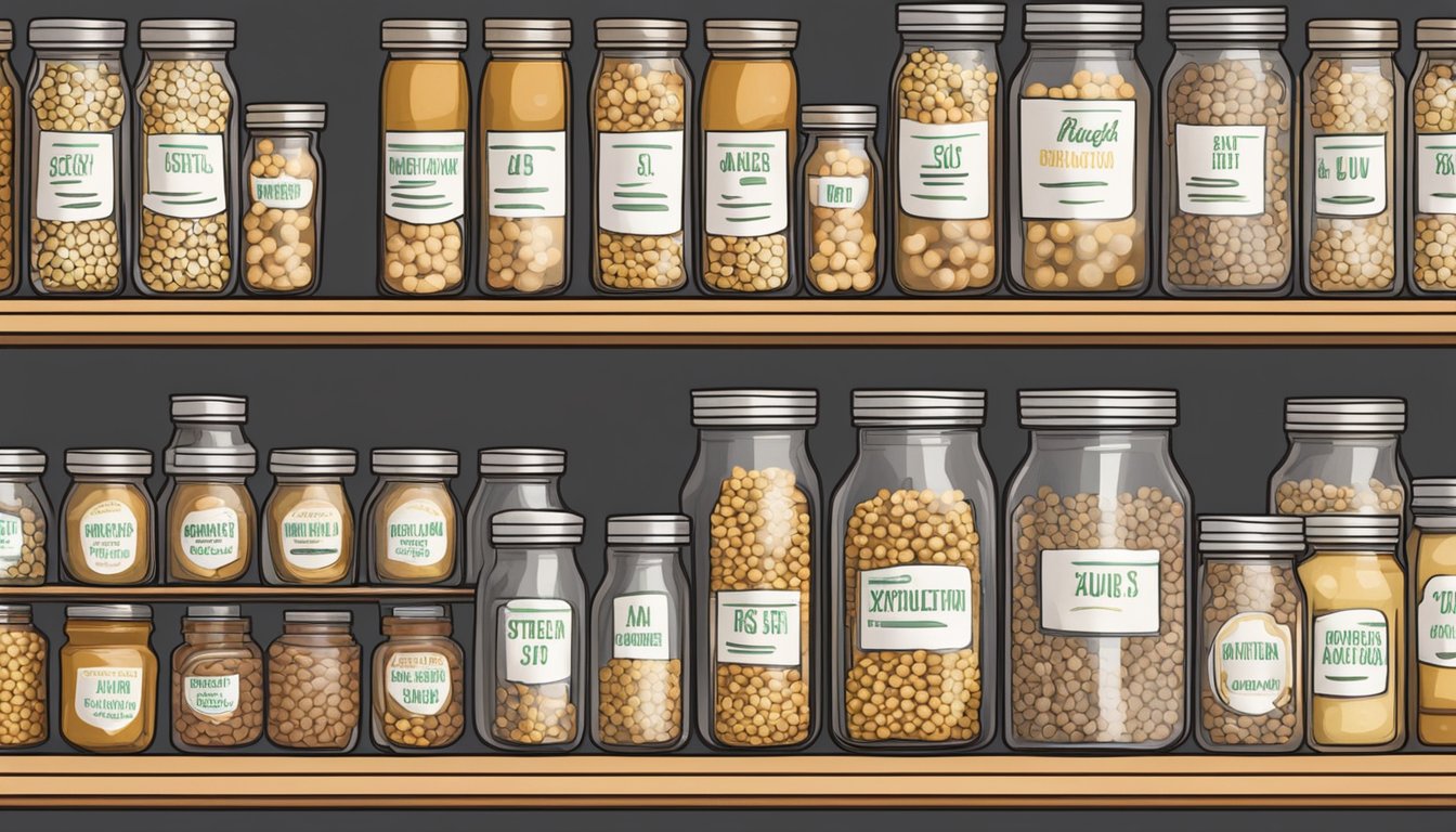 A pantry shelf filled with labeled jars of soy nuts, a calendar with expiration dates, and a sealed container for long-term storage