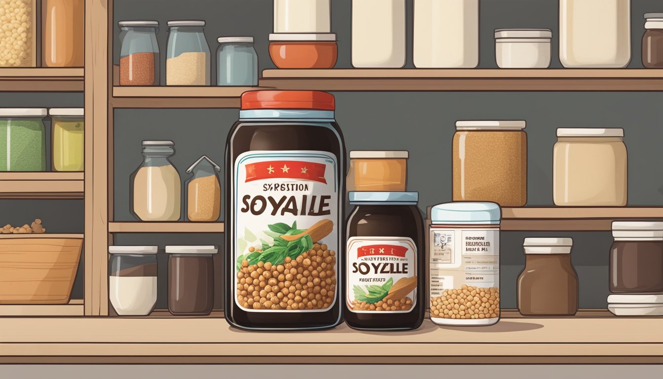 A jar of soy sauce granules sits on a shelf, surrounded by other pantry items. The label indicates the expiration date