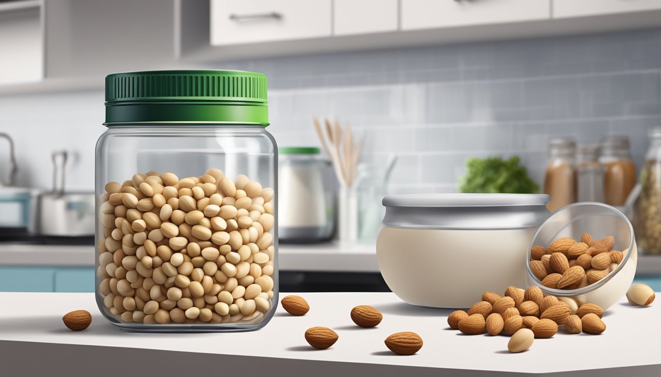 A jar of soy nuts sits on a kitchen counter, surrounded by various nuts and seeds. The expiration date on the jar is clearly visible