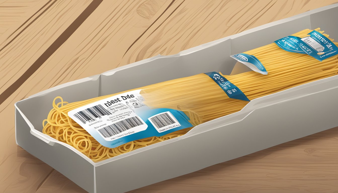 A package of spaghetti pasta sits on a shelf with a "best by" date printed on the label