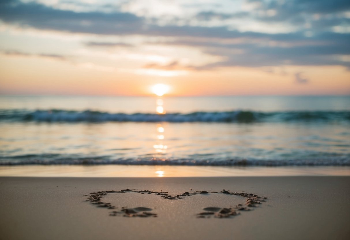 A serene beach at sunset, with two sets of footprints leading towards the water, surrounded by a heart drawn in the sand