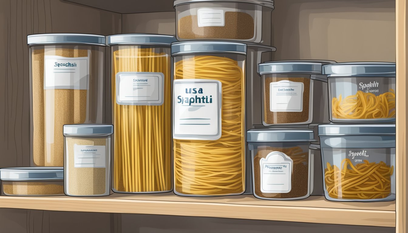 A pantry shelf with a tightly sealed container of spaghetti pasta, labeled with a use-by date, alongside other dry goods