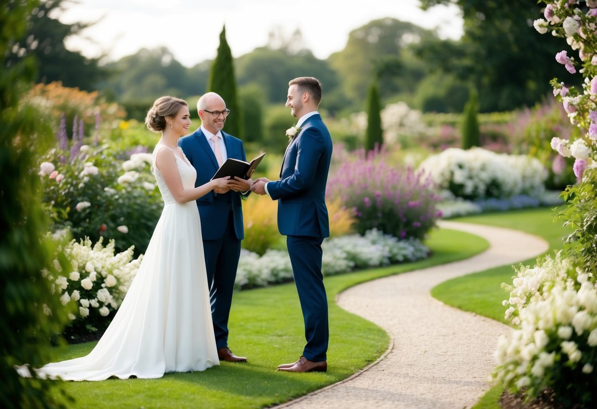 A couple standing in a serene garden, surrounded by blooming flowers and a winding pathway, as they exchange heartfelt wedding vows