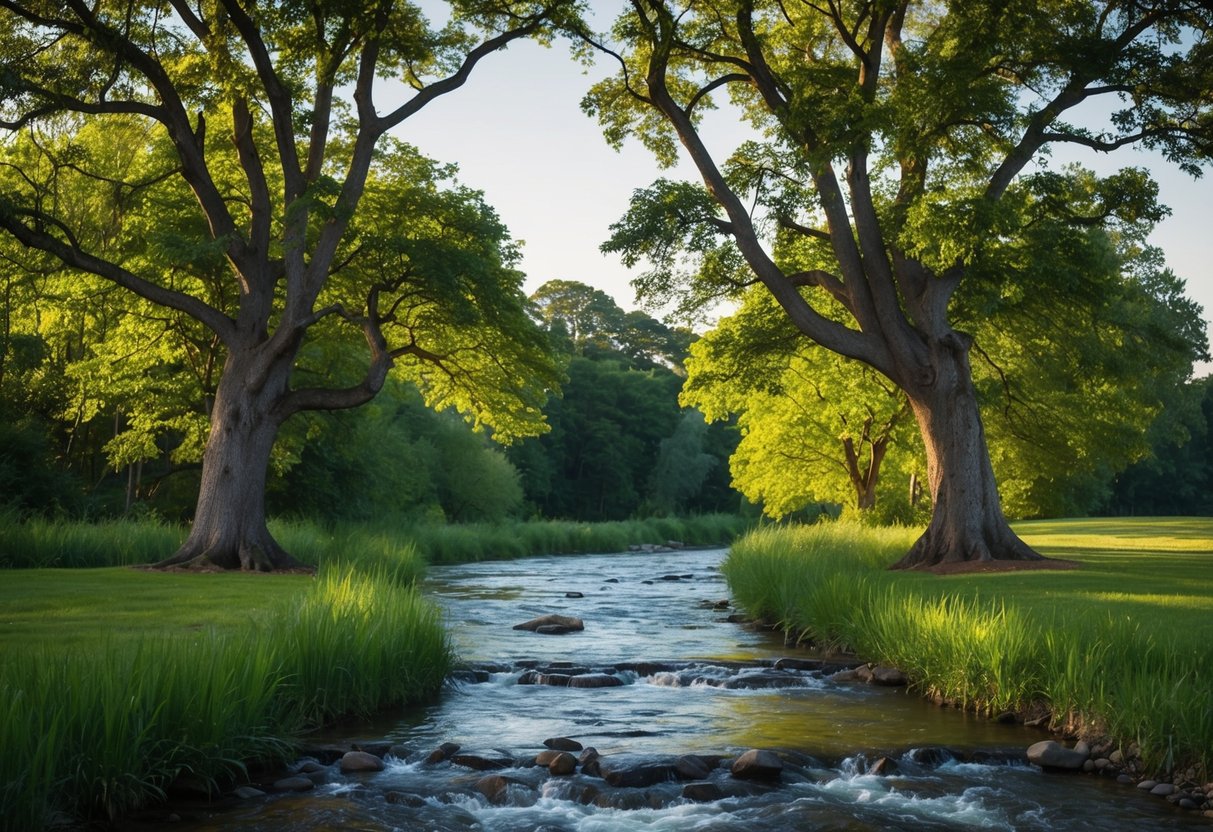 A serene outdoor setting with two intertwining trees and a flowing river, symbolizing the deep and meaningful connection of marriage vows