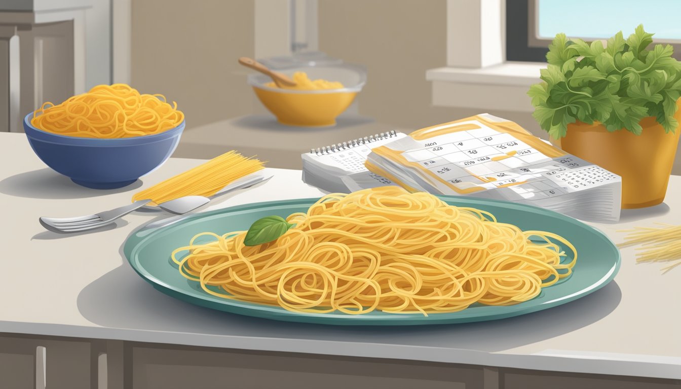 A kitchen counter with a package of uncooked spaghetti, a calendar, and a bowl of cooked pasta