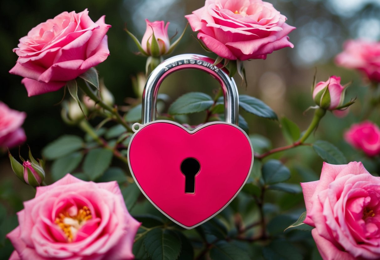 A heart-shaped lock with a keyhole surrounded by blooming roses