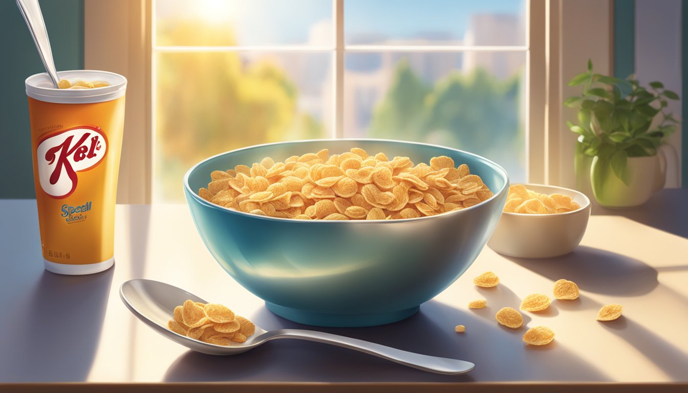 A bowl of Special K cereal sits on a kitchen table with a spoon beside it. The morning sunlight streams through a nearby window, casting a warm glow on the scene