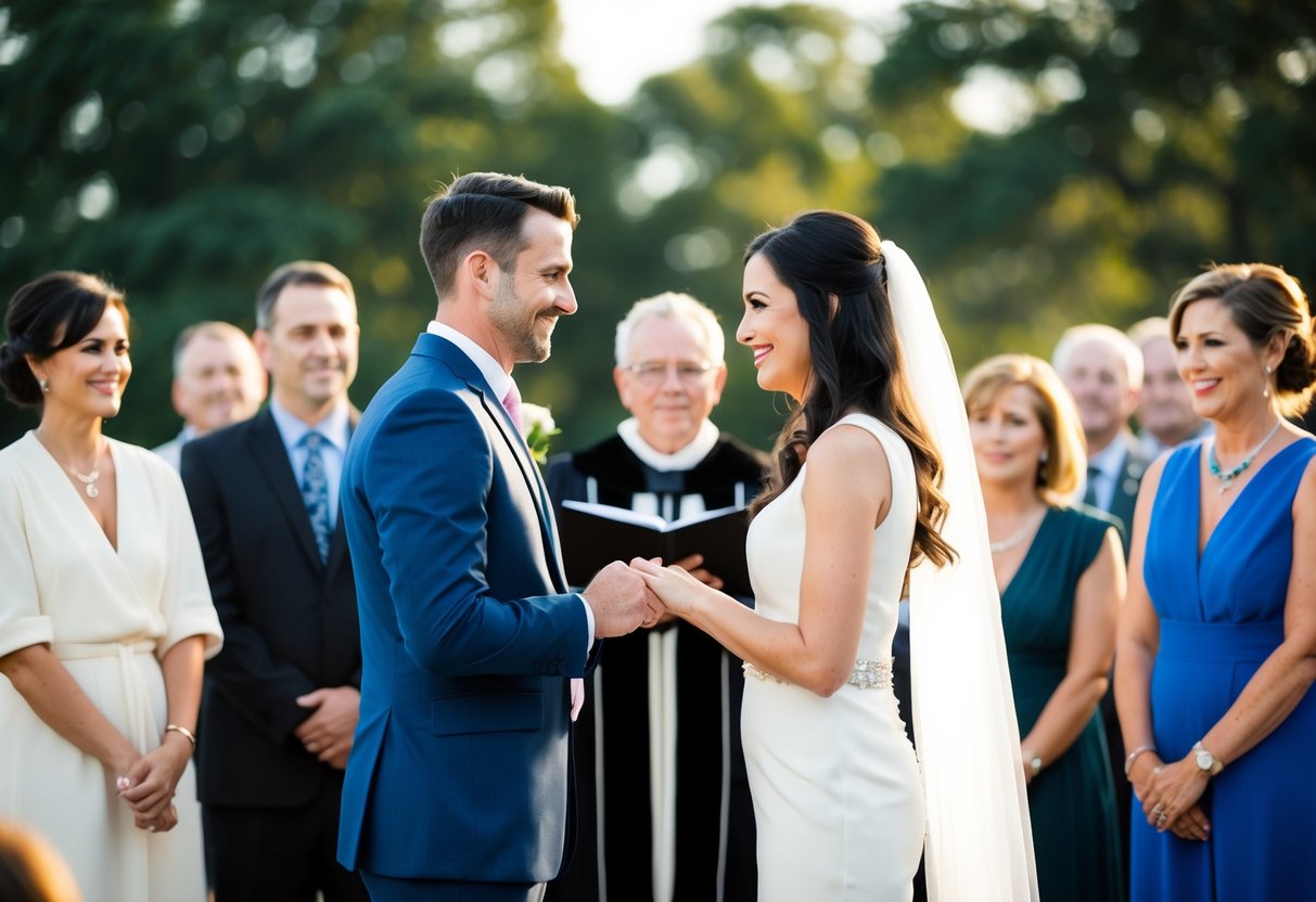 A couple standing before an officiant, exchanging vows with a crowd of onlookers