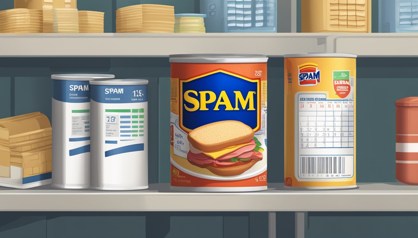 A can of Spam sits on a shelf next to a calendar showing the current date and the expiration date, with a few days left until it expires