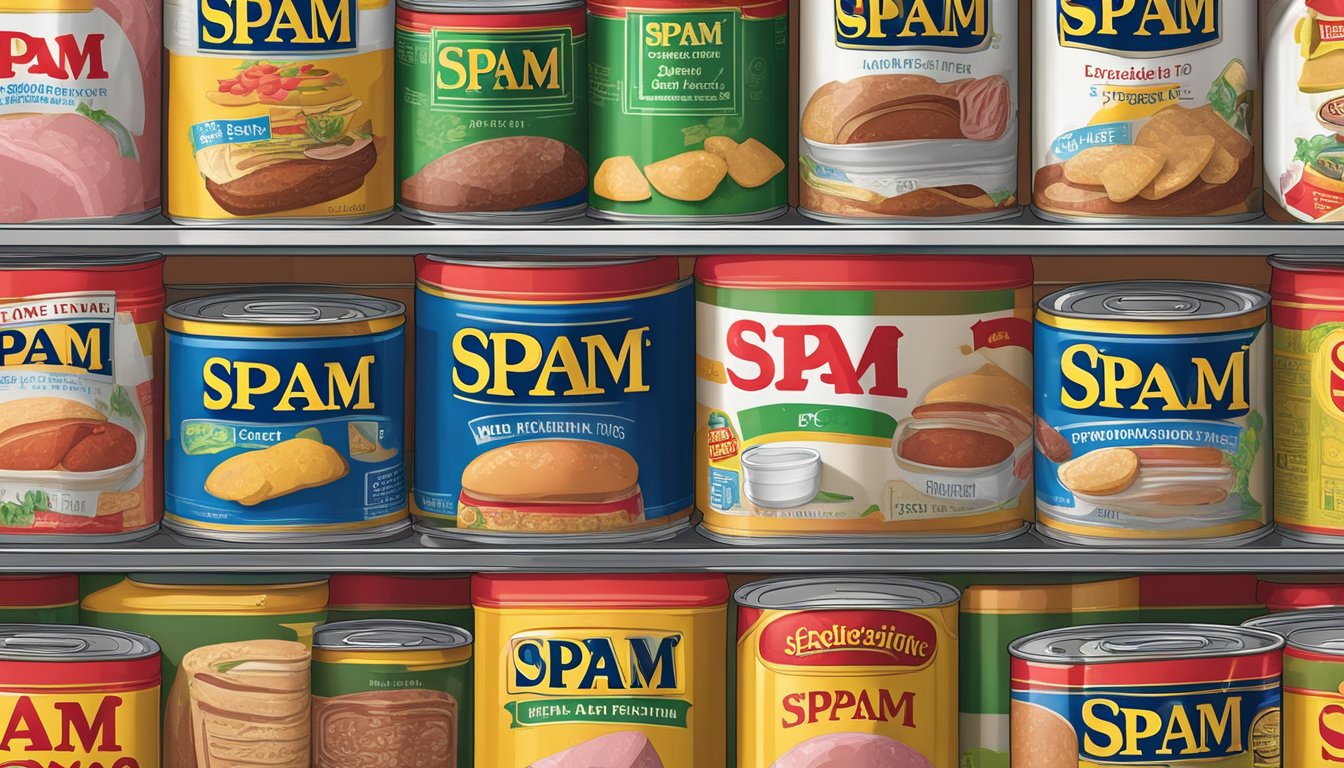 A can of Spam sits on a shelf, surrounded by other canned goods. The expiration date is clearly visible on the label