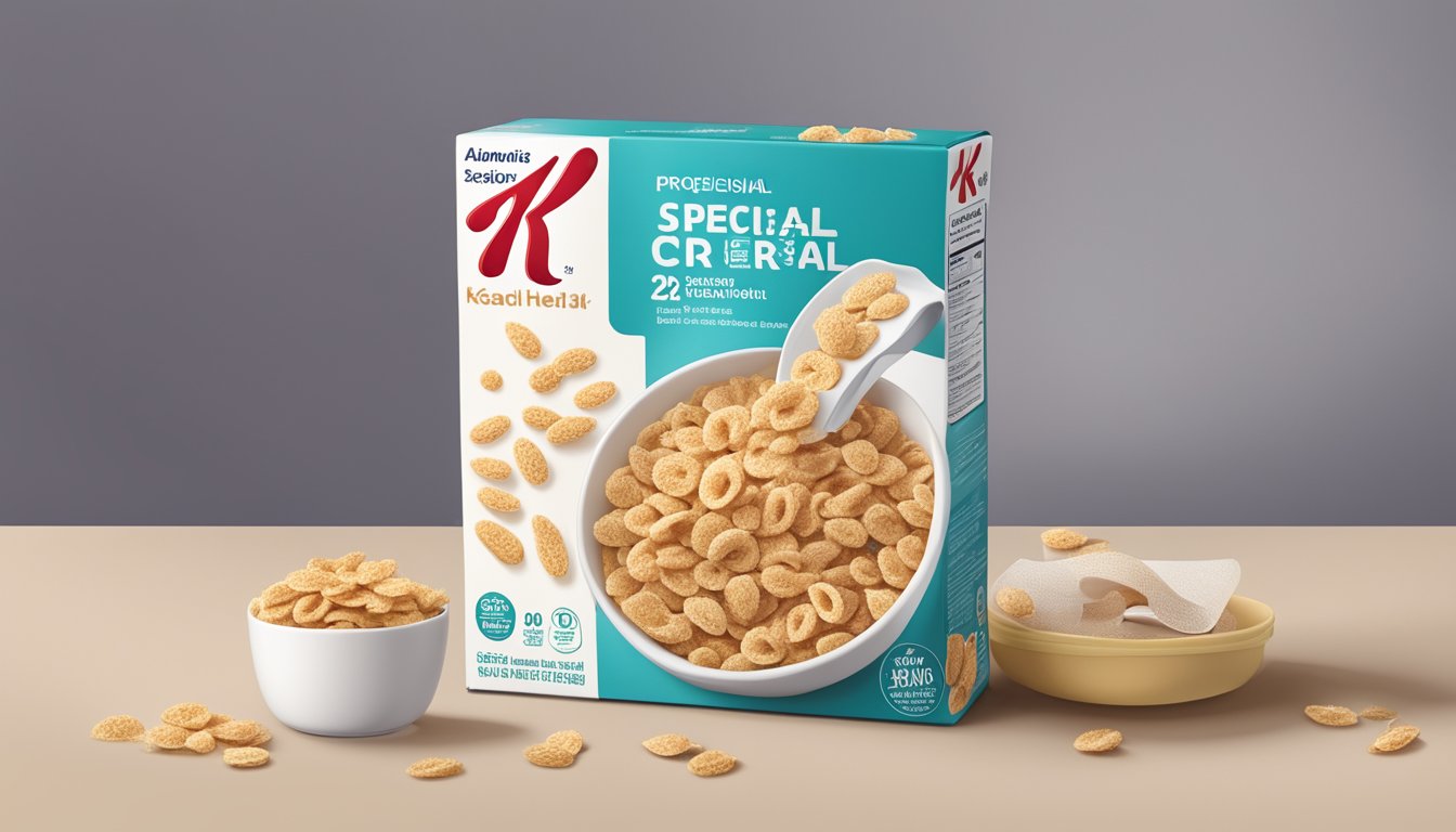 A box of Special K cereal with a prominent expiration date and a warning label depicting potential health risks and adverse reactions