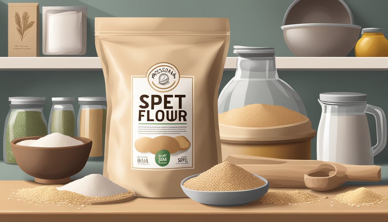 A bag of spelt flour sits on a kitchen shelf, surrounded by other baking ingredients. The packaging is clean and unopened, with a best before date clearly visible