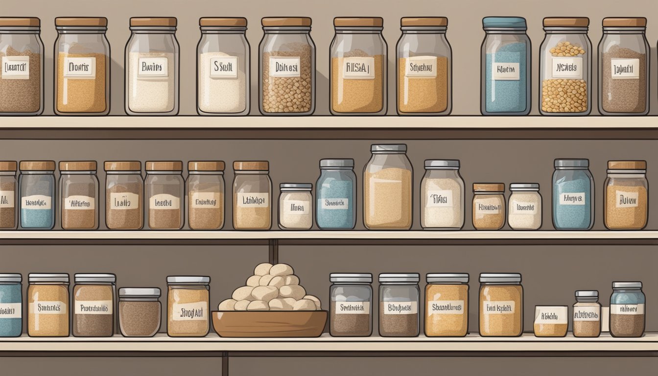 A pantry shelf with jars of spelt flour, labeled with expiration dates. A calendar on the wall marks the current date