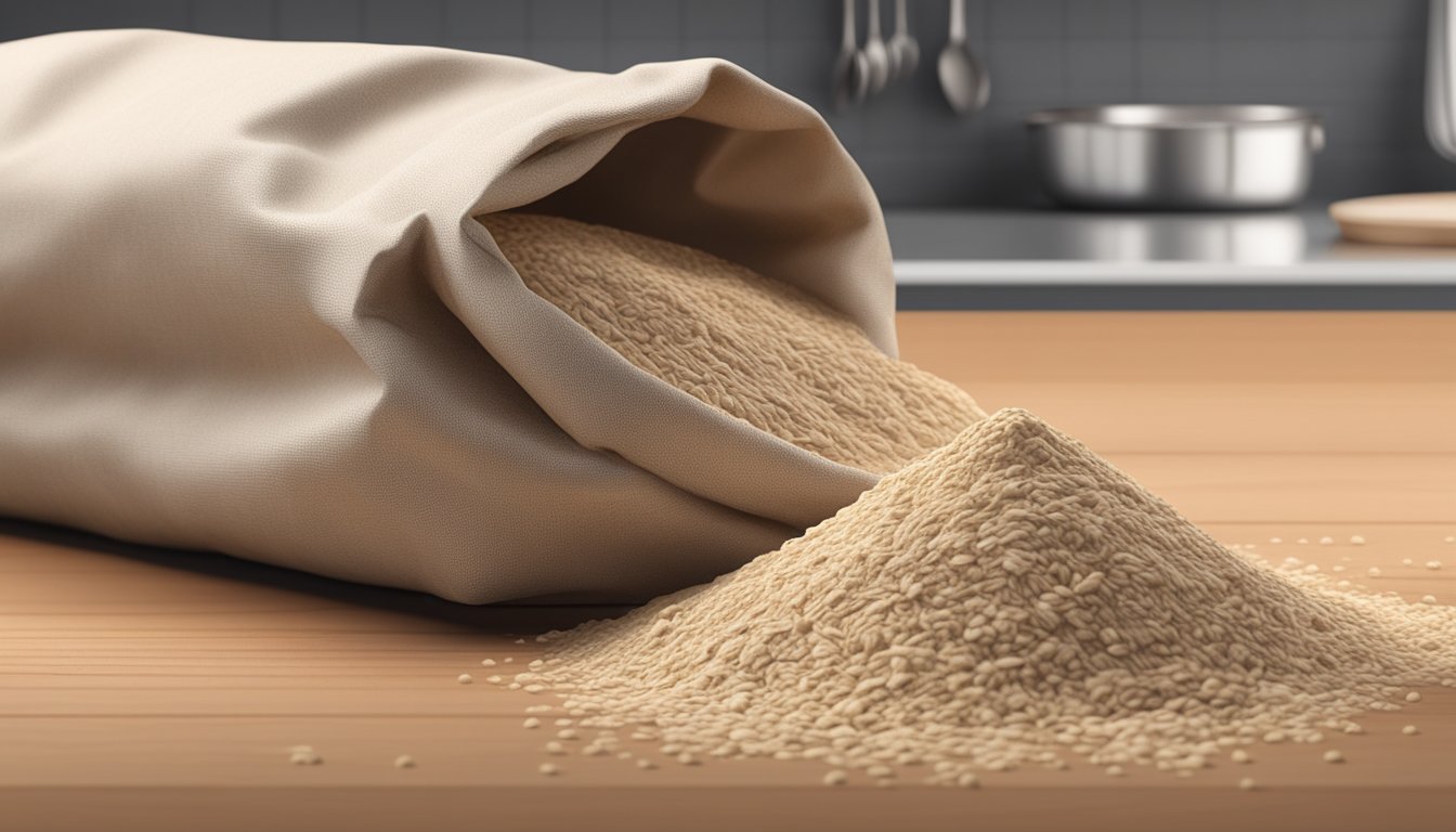 A bag of spelt flour sits on a kitchen counter, with visible signs of spoilage such as a musty smell and discoloration