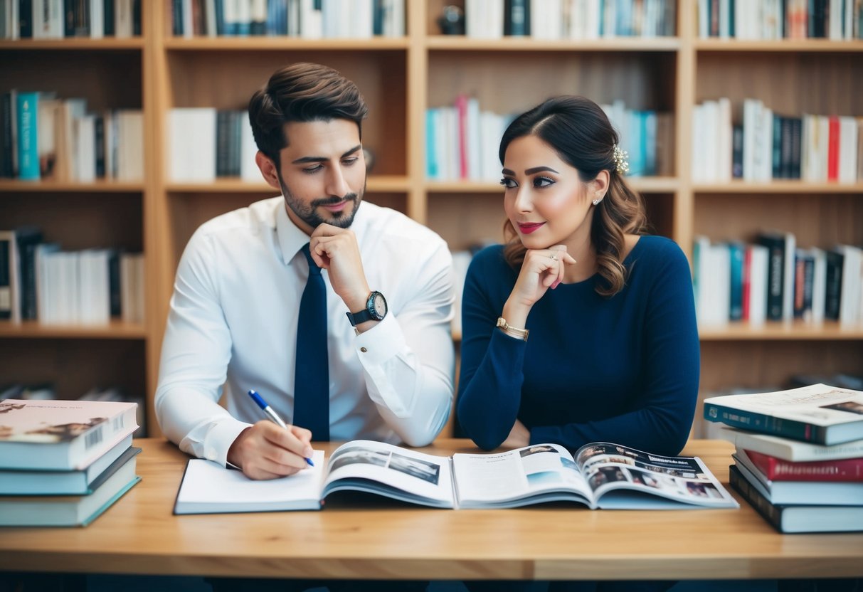 A couple sitting at a table, one with a pen and paper, the other deep in thought, surrounded by books and wedding magazines